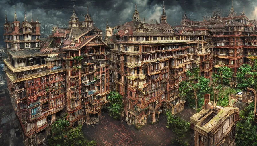 Prompt: enormous sprawling fantasy winchester mystery house, high, skyscraper, high quality, kowloon walled city, sprawl, giant, fractal, cell shading, high details, trending on artstation