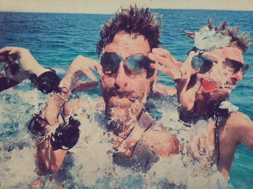 Prompt: jovanotti ravages the beaches of the adriatic coast crying, polaroid color photo, ultra realistic