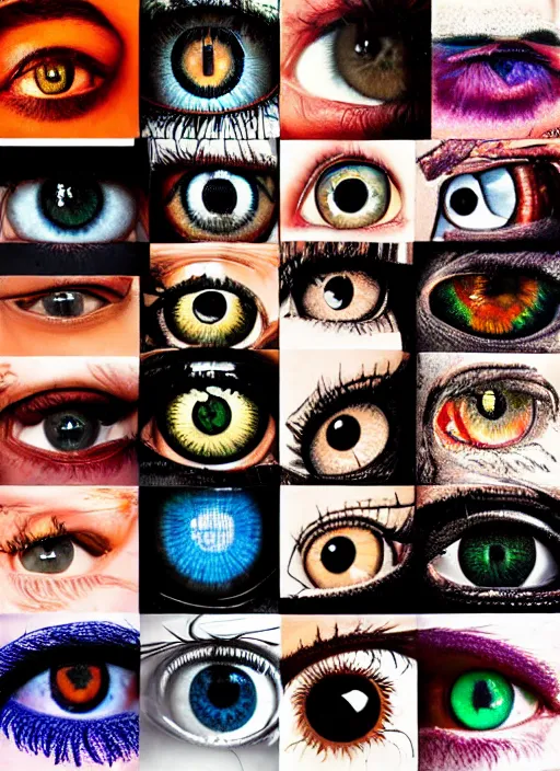 Prompt: grid montage of eyes, stunning detailed colored textures, eyelashes, advanced art, art styles mix, from wikipedia, wet reflections in eyes, sunshine light, hd macro photograph, from side, various eyelid positions, spherical black pupil centered