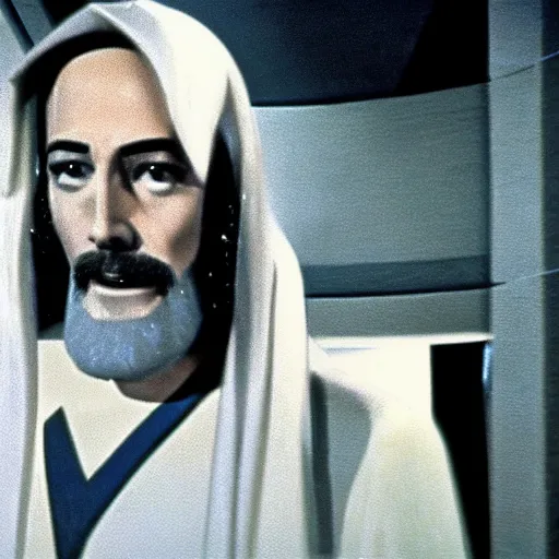 Image similar to a film still of jesus in star trek 1 9 6 6 realistic, detailed, wearing suit