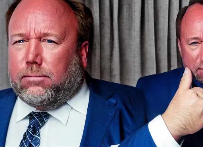 Prompt: dslr photo still of infowars host alex jones in a blue suit fat grey beard and mustache!!! sitting depressed!!! in a!!! room with a giant iphone behind him!!!, 5 2 mm f 1. 8