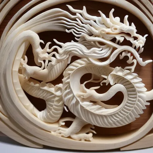 Prompt: an ivory carving sculpture of a chinese dragon winding around intricate wooden structures