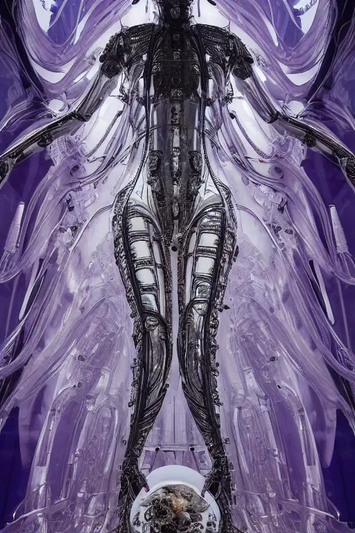 Prompt: background space station, baroque inflateble dress iris van herpen positing on floor, helmet instead of a head, perfect symmetrical, full body shot, inflateble shapes, wires, tubes, veins, jellyfish, white biomechanical details, wearing epic bionic implants, masterpiece, intricate, biopunk, vogue, highly detailed, artstation, concept art