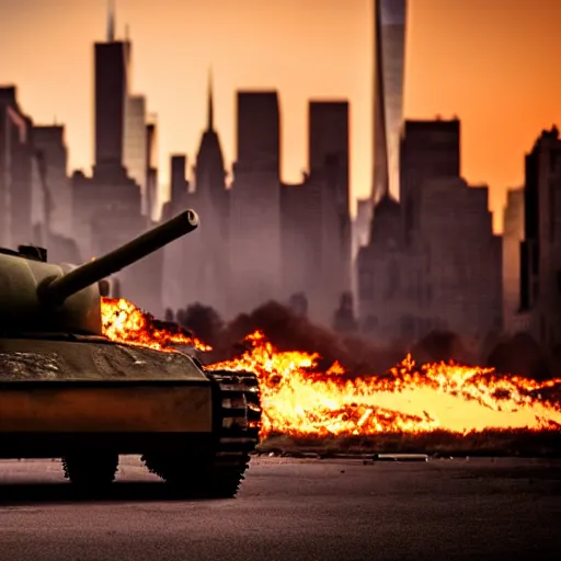 Prompt: destroyed tank in front of the new york skyline, smoking and burning, reflections, award winning photograph, sunset, desolate, atmospheric