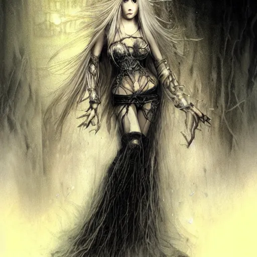 Image similar to gothic kerli koiv by luis royo, light and shadow effects, intricate, highly detailed, digital painting, art station, concept art, smooth, sharp focus, illustration, advanced digital, atmospheric lighting, detailed face, christopher c. lee, toon effect