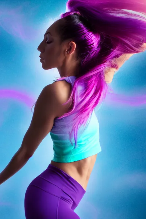 Image similar to a award winning half body shot of a beautiful woman in a croptop and leggings with a ombre purple pink teal hairstyle with head in motion and hair flying, outrun, vaporware, highly detailed, fine detail, intricate