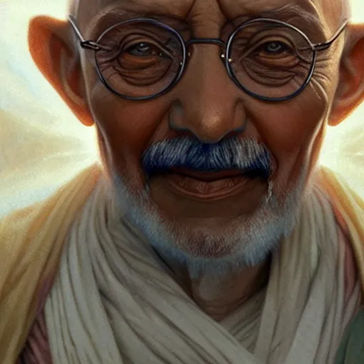 Image similar to a photorealistic portrait of ghandi as a jedi in star wars cinematic lighting, photorealistic, octane render, 8 k, depth of field, 3 d, art by artgerm and greg rutkowski and alphonse mucha and uang guangjian and gil elvgren and sachin ten