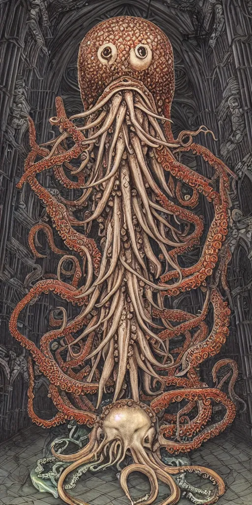 Prompt: group of mankind mages with octopus heads with jellyfish inside an ancient mage castle hall colossal scale, gothic and baroque, brutalist architecture, ultradetailed, Intricate by James Jean and Josan Gonzalez and John Howe and Giuseppe Arcimboldo