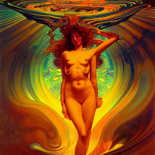 Image similar to transcendent bodhisattva mind bending psychedelic waves of glossy liquid honey flowing like kaleidoscopic translucent amber, lsd waves, honey ripples, enlightenment, high contrast lighting, refracted sunset, highly detailed, concept art, art by collier, albert aublet, krenz cushart, artem demura, alphonse mucha