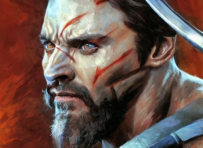 Prompt: a highly detailed beautiful portrait of hugh jackman as kratos, by gregory manchess, james gurney, james jean