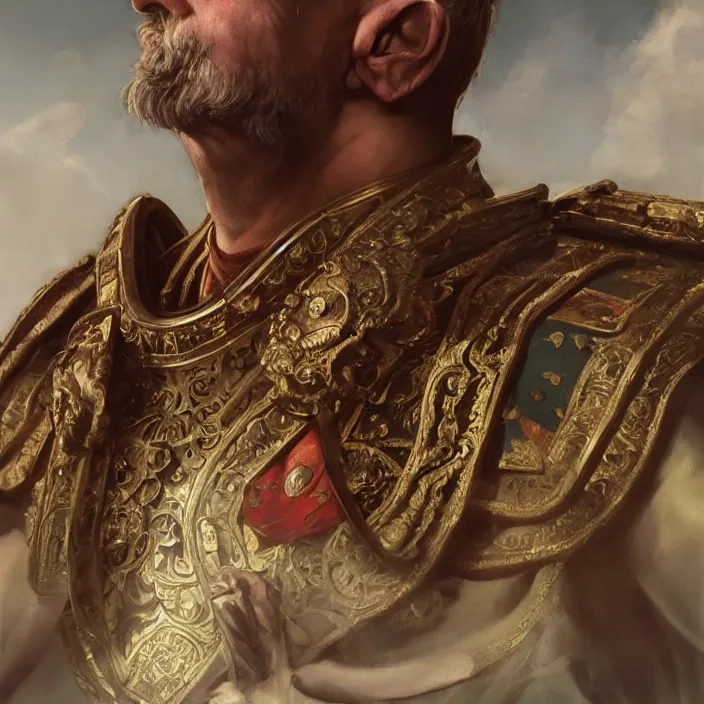 Image similar to excellent painted portrait of the last emperor of rome the ancient caesar invictus, masterpiece painting with detailed face, 4k, trending on artstation, octane render, art by artgerm and greg rutkowski and alphonse mucha and craig mullins and James Jean and Andrei Riabovitchev and Marc Simonetti and peter mohrbacher