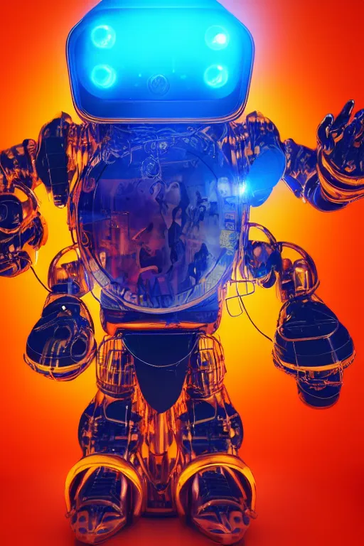 Image similar to portrait photo of a giant huge golden and blue metal humanoid steampunk robot singer with headphones and big gears and tubes, robot is falling apart, eyes are glowing red lightbulbs, shiny crisp finish, 3 d render, 8 k, insaneley detailed, fluorescent colors, background is multicolored lasershow