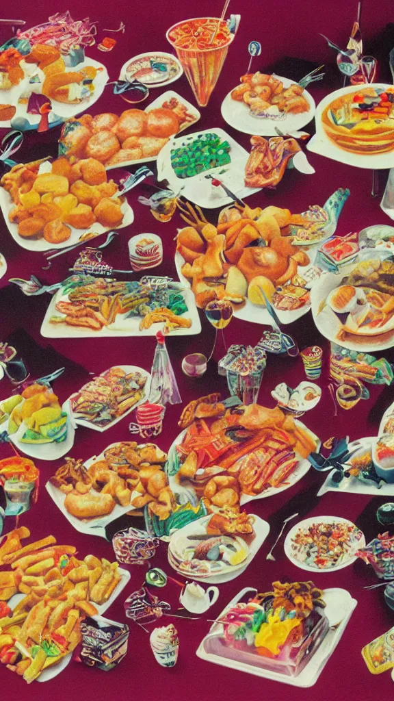 Prompt: 1 9 8 0 s airbrush surrealism illustration of a spread of party food, by ryo ohshita