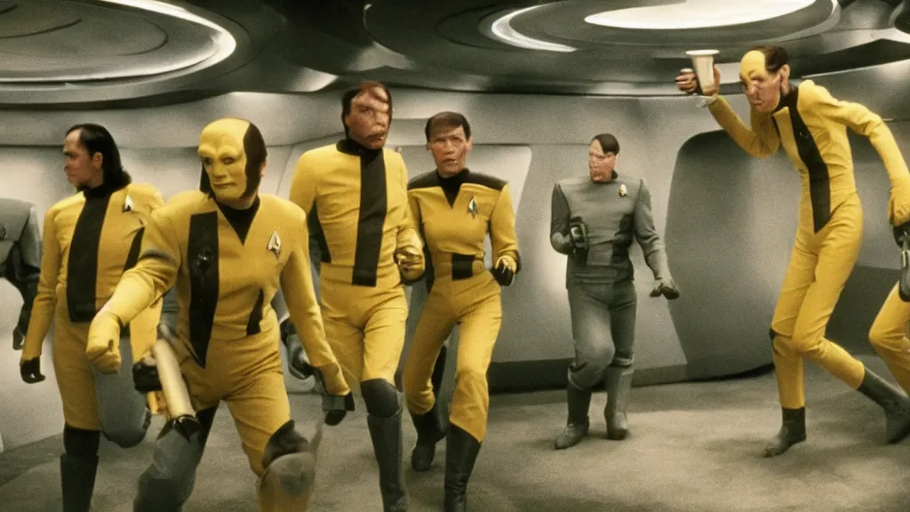 Image similar to a giant monster made of bananas killing crew on star trek, film still from the movie directed by Denis Villeneuve with art direction by Salvador Dalí, wide lens