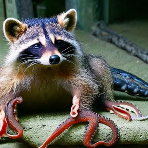 Prompt: photo of a hybrid between an octopus and a raccoon