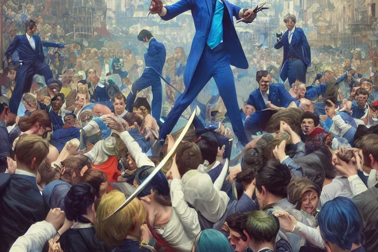 Image similar to a crowd throwing swords at a blond man in a blue suit, surrounded by a crowd, intricate, elegant, ultra realistic illustration, highly detailed, digital painting, artstation, concept art, smooth, sharp focus, illustration, art by artgerm and greg rutkowski and alphonse mucha