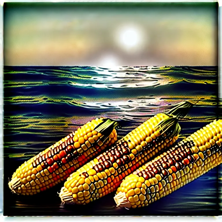 Prompt: corn floating in ocean, waves, tranquil, vintage country style, monochromatic, engraving, detailed