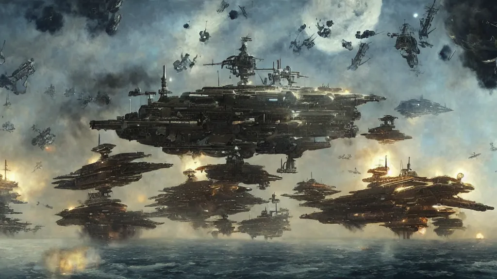 Prompt: an intense space battle taking place above Earth in 1920, steampunk style spaceships, each side has a massive battleship surrounded by smaller cruisers, painted by Jakub Rozalski