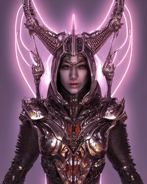 Image similar to a futuristic 3 d render portrait of ankou the evil lord wearing ornate armor made of highly detailed metal, surrealism, smooth, intricate, sinister, evil energy, death aura aura, neon glowing spells, matte painting, artstation, concept art, dark fantasy sci fi, sharp focus, cgsociety