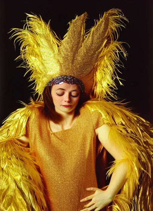 Prompt: realistic detailed photo of the sleeping person, wearing a golden leaf feathers fluffy fur carnival costume with golden sparkles. 1 9 9 0, life magazine reportage photo