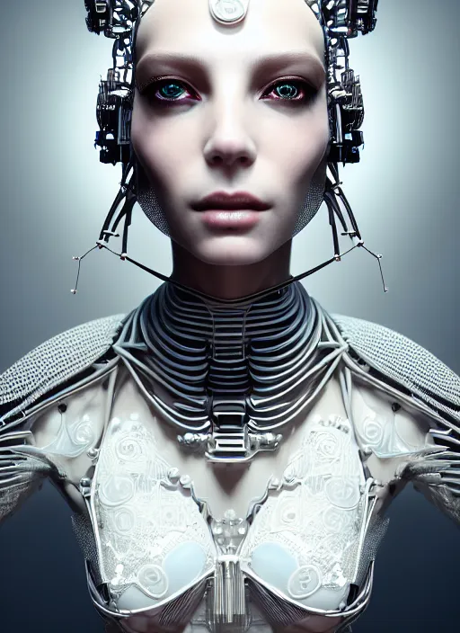 Prompt: portrait of an absurdly beautiful, graceful, sophisticated, fashionable cyberpunk mechanoid, hyperdetailed illustration by irakli nadar and alexandre ferra, intricate linework, white porcelain skin, faberge, fractal headdress, unreal engine 5 highly rendered, global illumination, radiant light, detailed and intricate environment