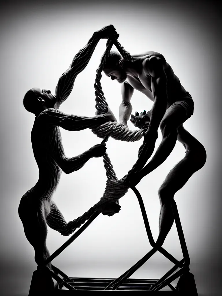 Prompt: a perfect portrait photograph, of a twisting man, being fed into a mangle. perfect focus and studio lighting.