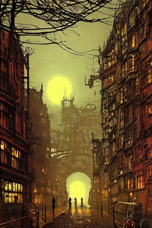 Image similar to beautiful matte steampunk landscape of pipe city by john atkinson grimshaw