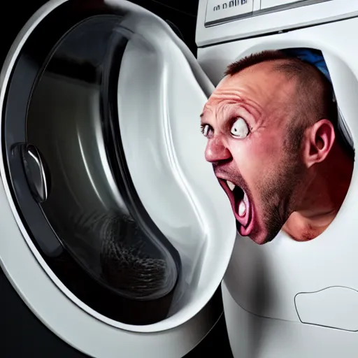 Prompt: angry furious man poking his head out of a washing machine and shouting at the camera