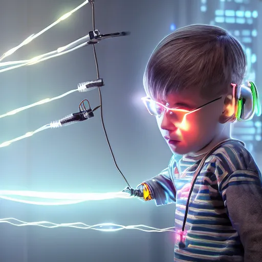 Image similar to cyberpunk kid programming his parents. the kid hand holding wire that connected to the parents head. 4 k, photorealistic, artstation, ultra detrailed.