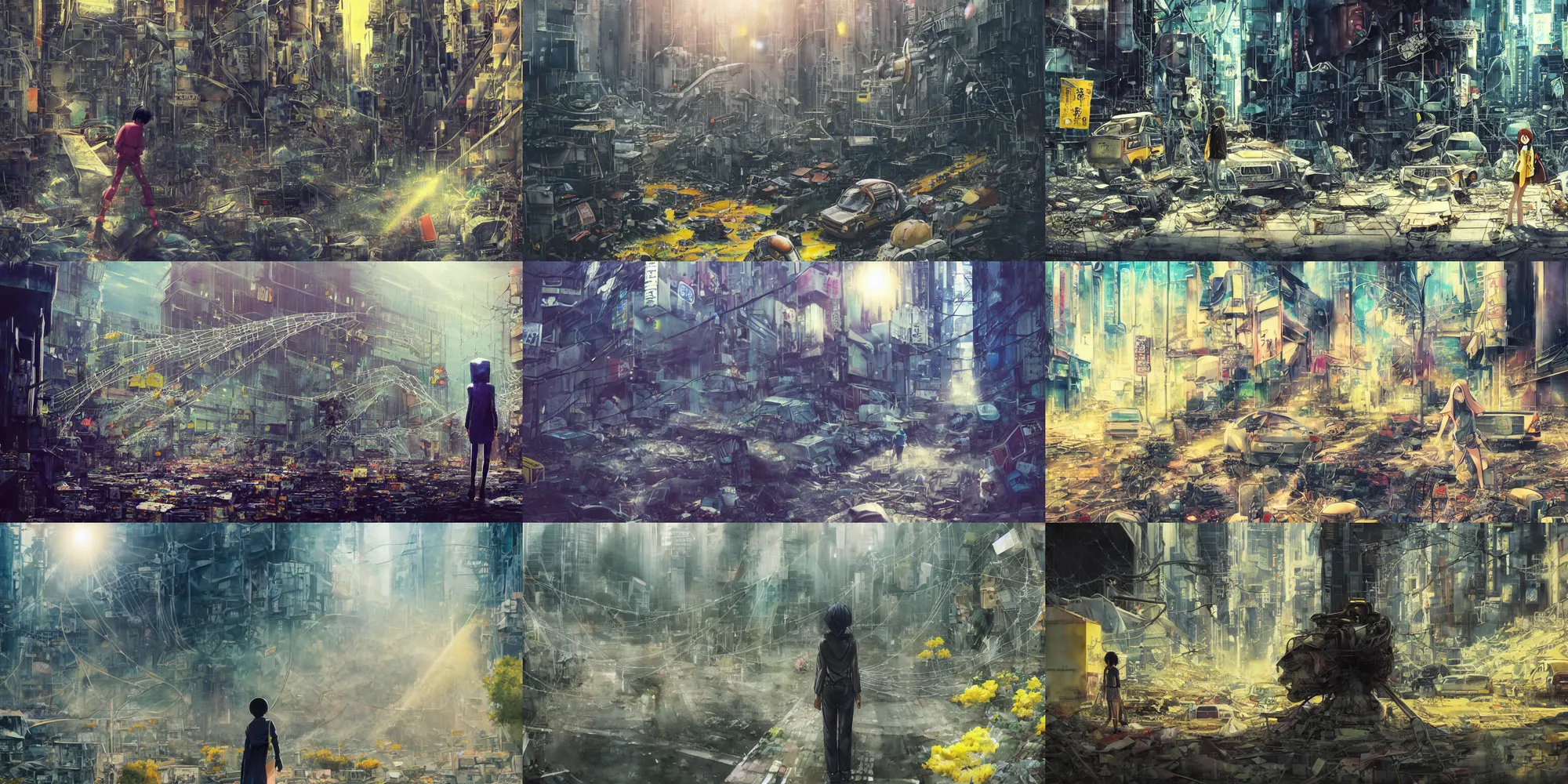 Prompt: anime movie scene, mamoru oshii, otomo, ultra wide, vanishing point, hoody woman explorer, watercolor, sinkhole, spiderwebs, robot scrapyard, coral reef, flowers, billboards, sun beam, dusty volumetric lighting, rim light, paper texture, puddles, deserted shinjuku junk, brutalist, telephone pole, yellow, red