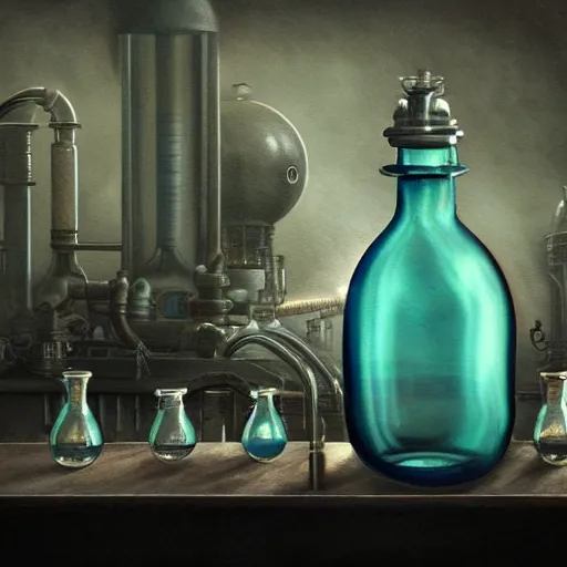 Prompt: a painting of a steampunk blue mysterious potion bottle on a counter in a dark dusty vintage science lab, by h. r. giger, hyperrealistic fantasy art, concept matte, ethereal, dreamy, digital art, trending on artstation, volumetric cinematic lighting