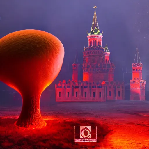 Image similar to a big nuclear explosion with realistic nuclear mushroom in Red Square Kremlin, dramatic lighting, cinematic, extremely high detail, photo realistic, cinematic lighting, post processed, concept art, artstation, matte painting, unreal engine 8k