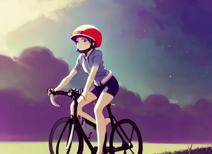 Image similar to portrait of cute girl riding road bike, sunny sky background, lush landscape, illustration concept art anime key visual trending pixiv fanbox by wlop and greg rutkowski and makoto shinkai and studio ghibli and kyoto animation, symmetrical facial features, sports clothing, aerodynamic cylcing helmet, nike cycling suit, backlit, aerodynamic frame