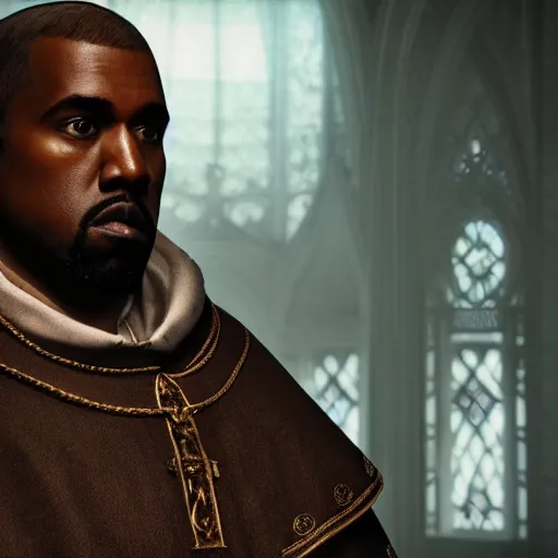 Image similar to saint kanye west as the pope pope in the vatican ( gears of war battlefield 5 ), splash art, movie still, cinematic lighting, dramatic, detailed face, octane render, long lens, shallow depth of field, bokeh, anamorphic lens flare, 8 k, hyper detailed, 3 5 mm film grain