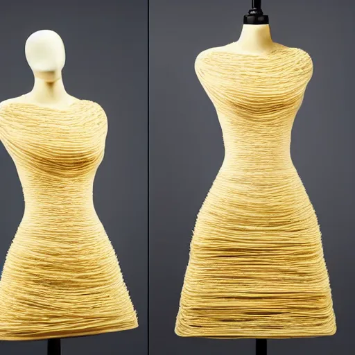 Image similar to a beautiful dress made out of noodles, on a mannequin. high quality, high resolution, studio lighting