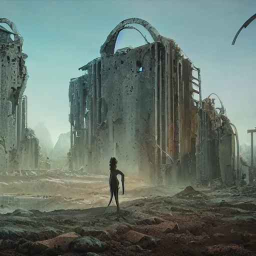 Prompt: the tarnished discovers the ruins of an artdeco city in the lands between, matte painting, detailed, elden ring, oil on canvas, by beeple