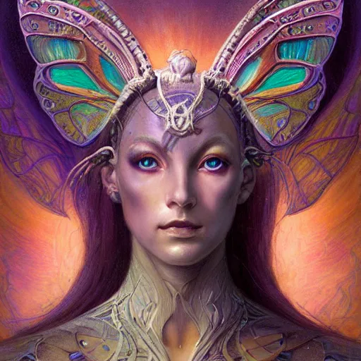 Prompt: beautiful closeup portrait of an android fairy queen, glowing eyes. reflective detailed textures, moth wings, highly detailed dark fantasy science fiction painting by donato giancola and peter mohrbacher and nicholas roerich, elaborate geometric ornament, ancient runes, silver and cool colors. artstation