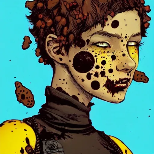 Image similar to Highly detailed portrait of a punk zombie young lady with freckles and brown curly hair hair by Atey Ghailan, by Loish, by Bryan Lee O'Malley, by Cliff Chiang, was inspired by image comics, inspired by scott pilgrim, inspired by graphic novel cover art !!!electric blue, brown, black, yellow and white color scheme ((grafitti tag brick wall background))