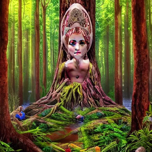 Image similar to gods in forest, three eyed, wide shot, feet in water, vivid colors, foreheads with eyes, ground very detailed, wet eyes reflecting into eyes reflecting into infinity, natural lighting