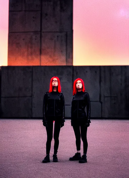 Image similar to cinestill 5 0 d photograph of 2 women wearing black techwear in front of a brutalist sharp - edged metal building, closeup, on a desolate plain with a red sky, dystopia, cyberpunk, 4 k, 8 k, depth of field, high resolution, realistic faces, hd, raw