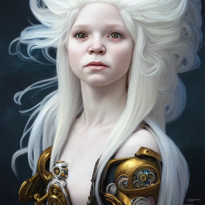 Image similar to excellent painted portrait of a albino girl with white hair and a fringe, steampunk art, with a nordic white dragon flying on the background, character artwork, 8k resolution artwork, trending on artstation, detailed oil painting portrait, art by artgerm and greg rutkowski and alphonse mucha and craig mullins and James Jean and Andrei Riabovitchev and Marc Simonetti and peter mohrbacher, matte painting