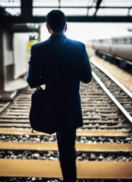 Prompt: a 2 8 mm macro photo from the back of a businessman standing on a train platform, splash art, movie still, bokeh, canon 5 0 mm, cinematic lighting, dramatic, film, photography, golden hour, depth of field, award - winning, anamorphic lens flare, 8 k, hyper detailed, 3 5 mm film grain