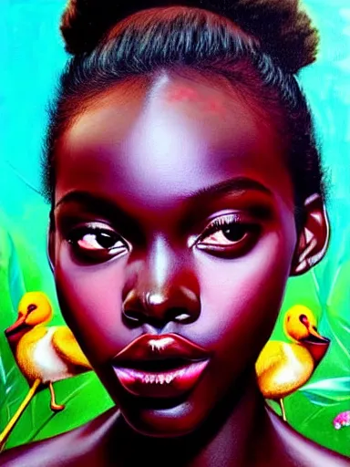 Image similar to portrait of duckie thot with a floral background : : painted by artgerm, karol bak, artur bordalo, sandra chevrier : : portrait, character, illustration, hyperrealism, photorealism,