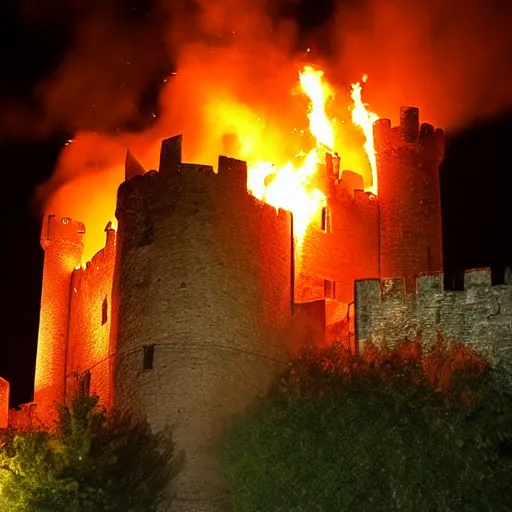 Prompt: the medieval castle caught fire at night