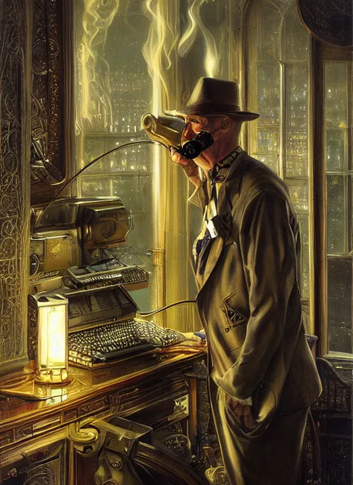 Image similar to A telemarketer created by thick steam, torch shadows, foggy night, intricate, elegant, highly detailed, donato giancola, Joseph Christian Leyendecker, WLOP, Boris Vallejo, Artgerm