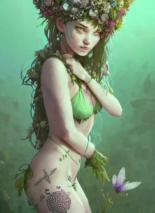 Image similar to portrait of cute fairy girl with crown of flowers in plants bikini covered with celtic rune tattoos, fantasy, by atey ghailan, by greg rutkowski, by greg tocchini, by james gilleard, by joe gb fenton, by in kaethe butcher, dynamic lighting, gradient light green, brown, blonde cream and white color in scheme, grunge aesthetic