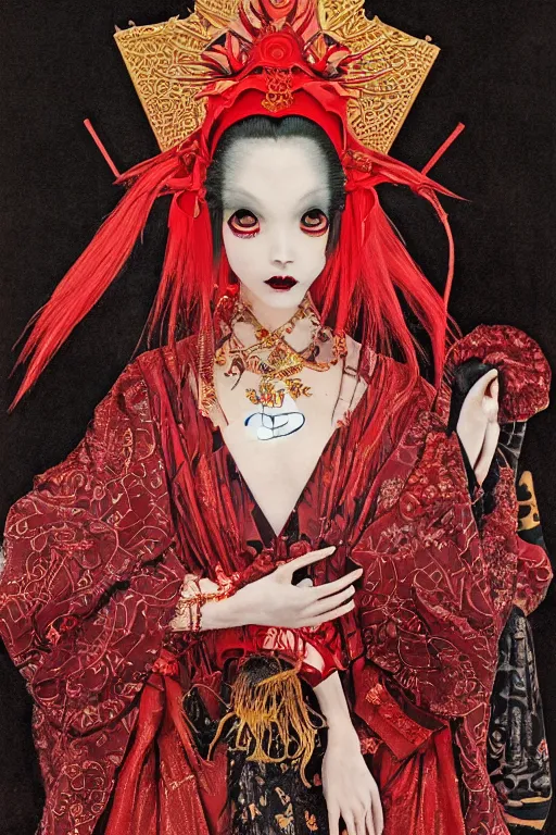 Prompt: a thoth tarot card of an avant - garde japanese bjd geisha vampire queen in victorian red dress in the style of dark - fantasy lolita fashion painted by yoshitaka amano, takato yamamoto, james jean, dmt art, symmetrical vogue face portrait, intricate detail, artstation, cgsociety, artgerm, gold skulls, rococo