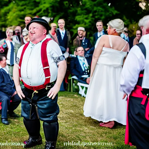 Image similar to An obese german in Lederhosen at a wedding, EOS-1D, f/1.4, ISO 200, 1/160s, 8K, RAW, unedited, symmetrical balance, in-frame, Topaz AI, Nvidia AI