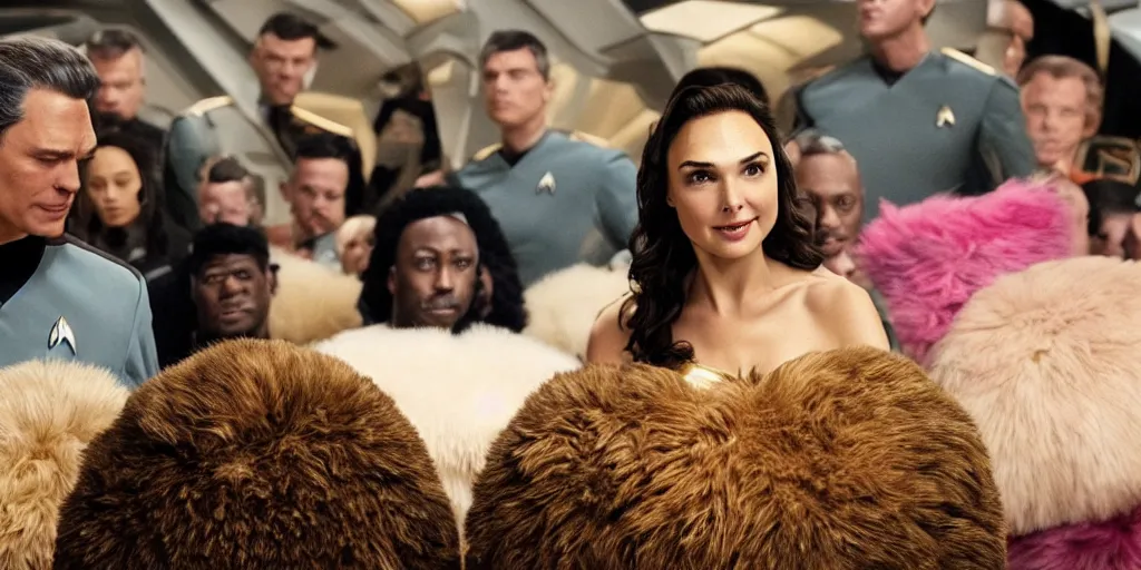 Image similar to Gal Gadot and Tribbles, Tribbles and more Tribbles in a scene in the next Star Trek movie