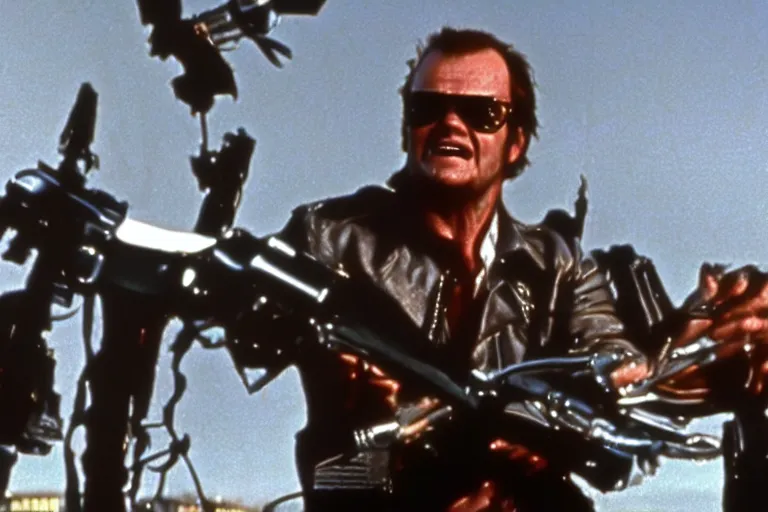 Image similar to Jack Nicholson plays Terminator, action scene where he destroys Skynet, still from the film